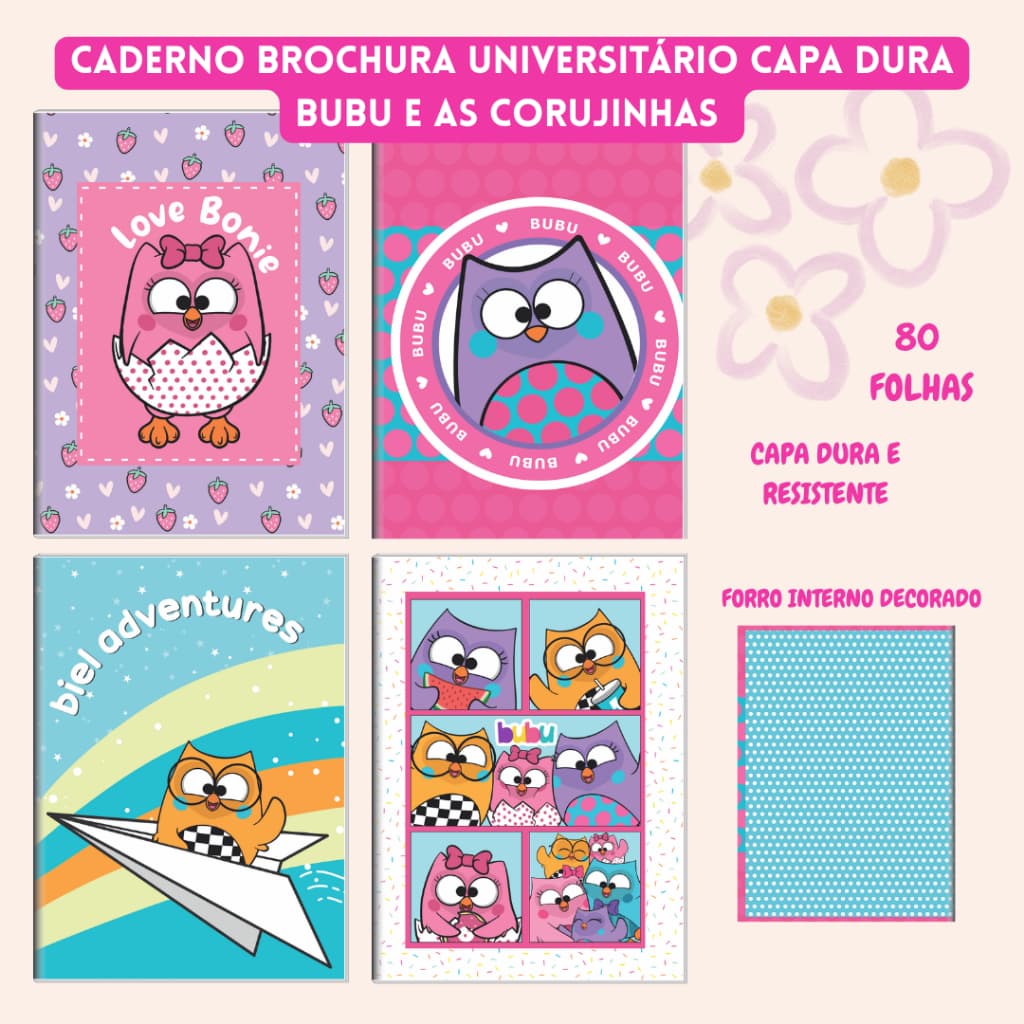 Caderno Brochura Universitário Capa Dura 80 Folhas - Bubu e as Corujinhas - 3B Cadernos