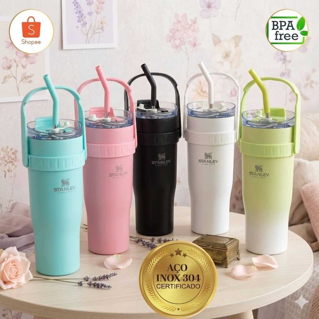 ELEGANCE – Copo Térmico Grande 1200ml/800ml Com Alça Canudo Inox Parede Dupla Isolamento Premium