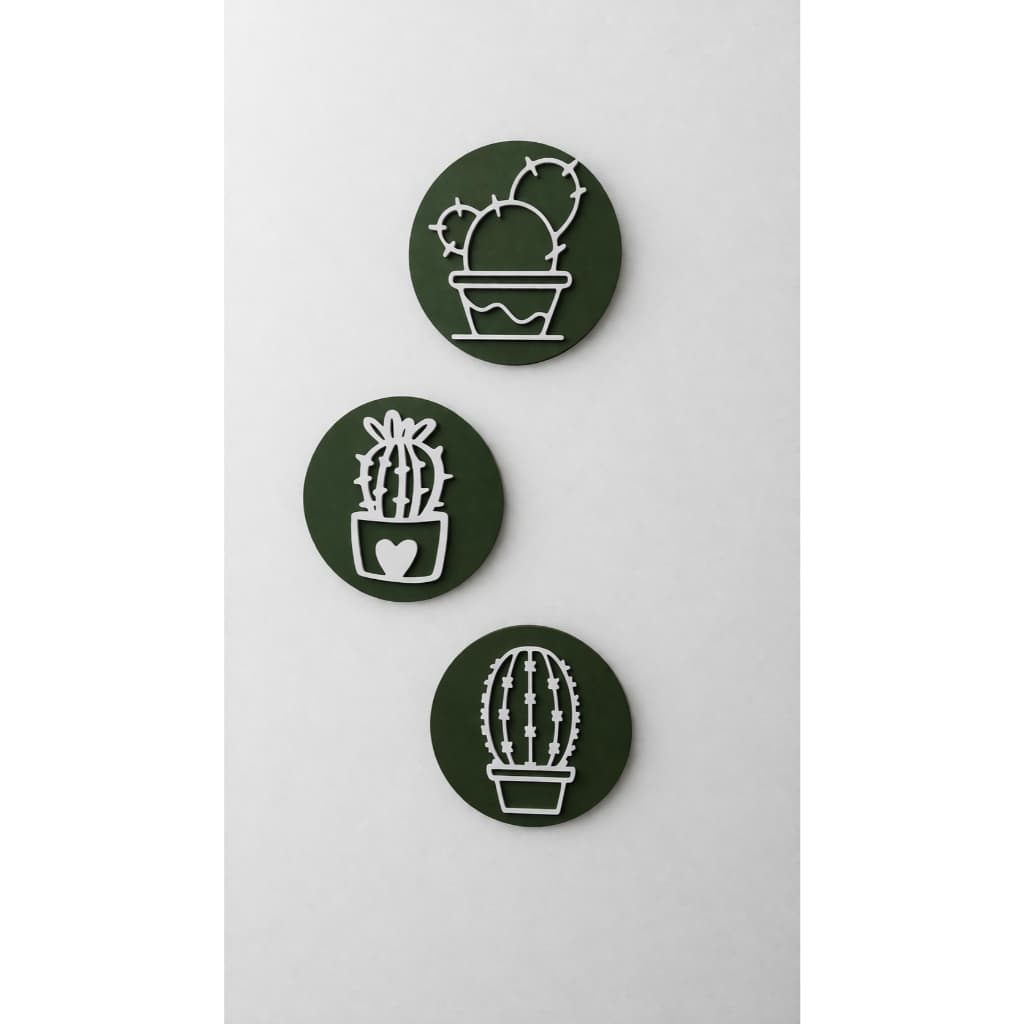 Trio Quadros Decorativos Redondos MDF 3mm Cactos - Kit 3 Peças 12x12cm Verde
