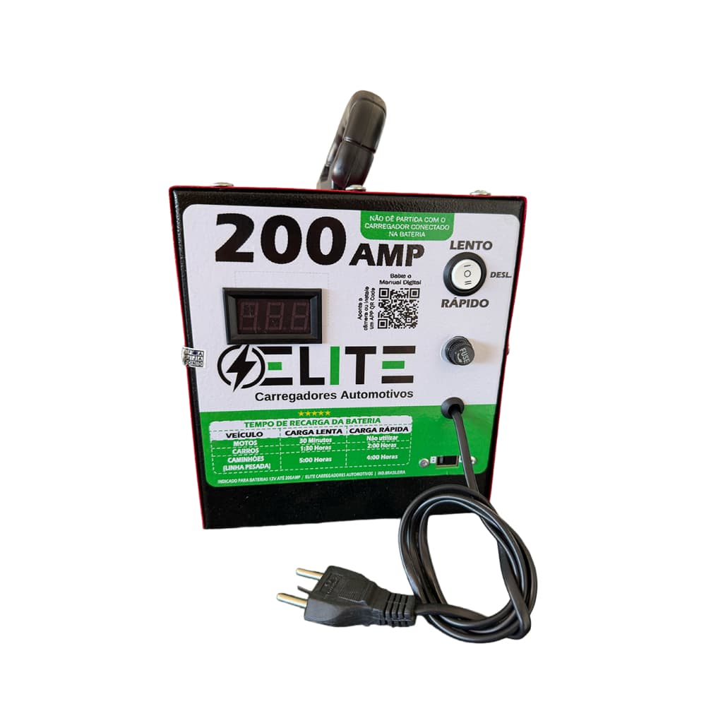 Carregador de Bateria 200A Elite Profissional p/Carros Caminhões e Motos Portátil c/Display Digital