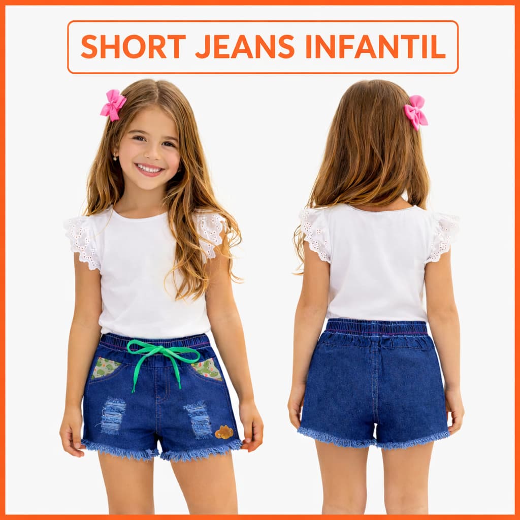 Short Jeans Infantil Feminino com Bolso Estampado e Barra Desfiada Lilica Ripilica