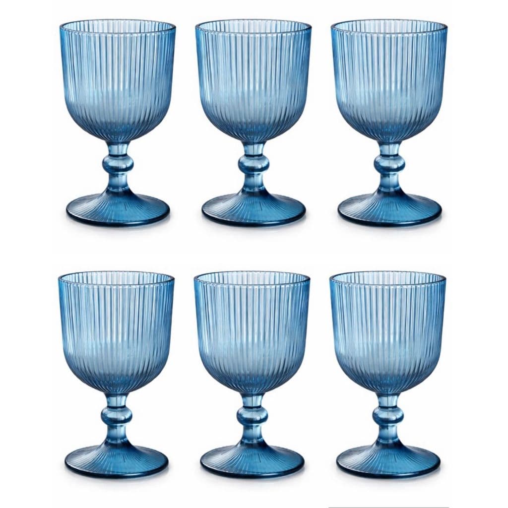 Jogo 6 Taças Vidro Canelado Versalhes Vinho Água 255ml  - Azul