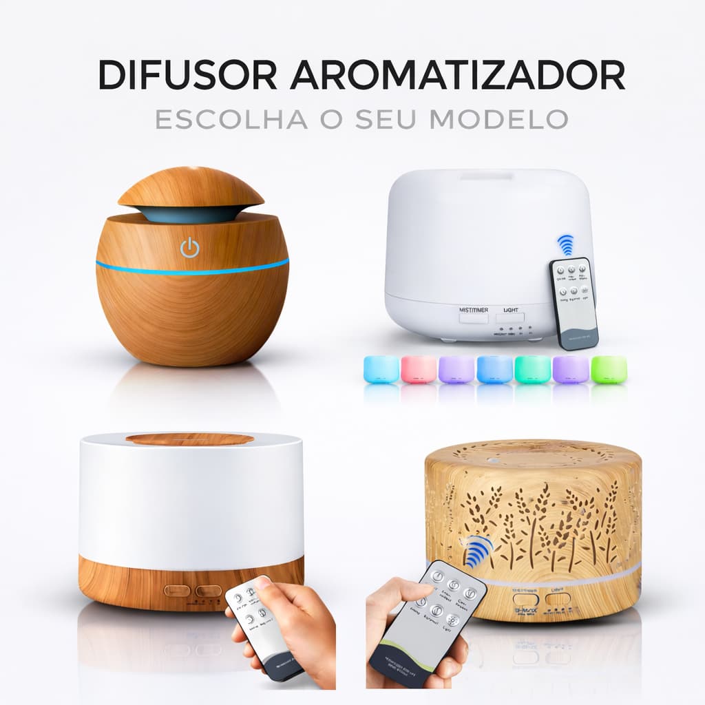 Difusor Aromas Ultrassonico 300ml 500ml 700ml Umidificador Ar LED Madeira Aromatizador