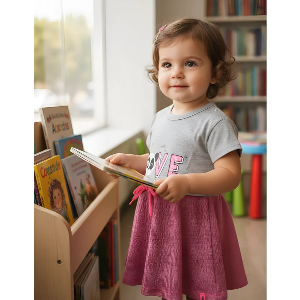 Vestido Bebê Menina Elian Manga Curta Ursinha Love Panda Saia Rodada Mescla Despojado