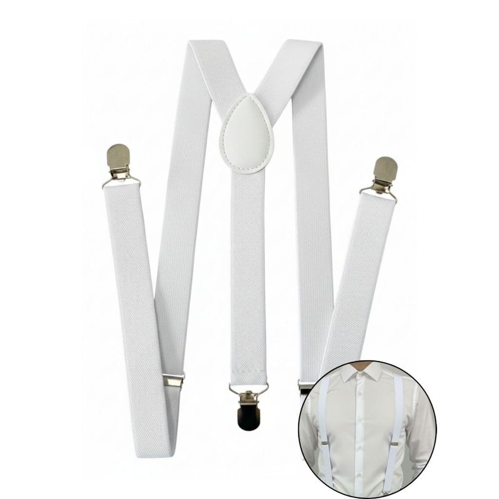 Suspensório Masculino Adulto 2,5cm Ajustável Unissex Branco Clássico Elegante Para Batismo e Eventos