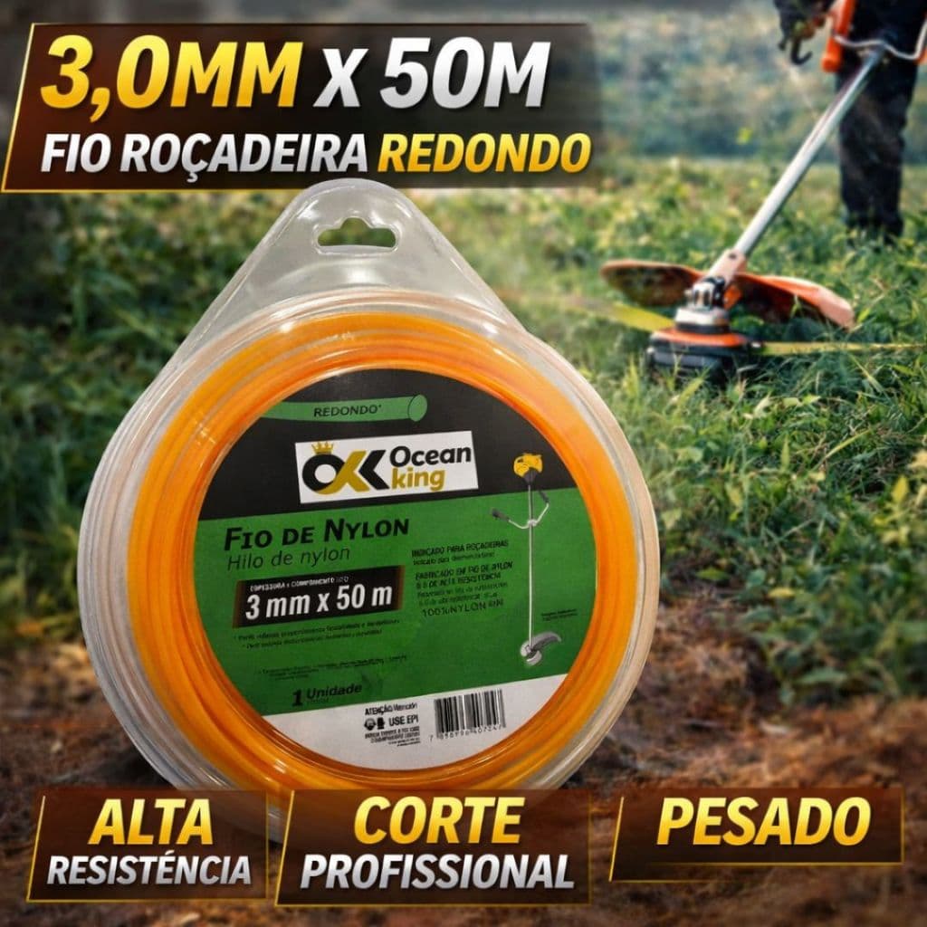 Fio Roçadeira 3.0mm x 50m Nylon  Alta Resistência Corte Profissional Pesado