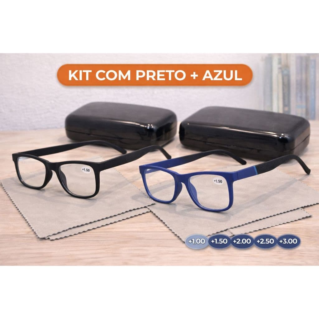 02 OCULOS DE GRAU PARA DESCANSO CM GRAU MASCULINO UNISSEX Emborrachado + Flanela + Cordão + Porta-Óculos