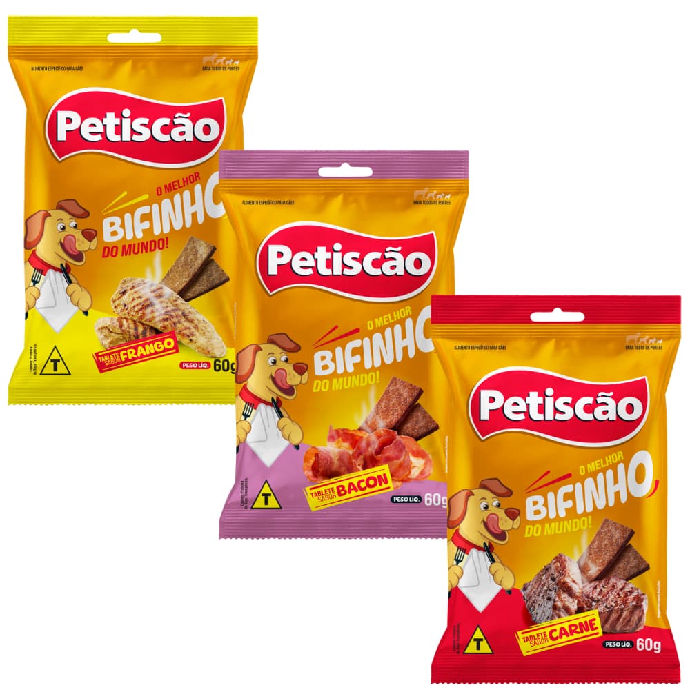 Petisco Bifinho Mastigável Sabores Diversos para Cães 60g Petiscão 1 a 20 unidades