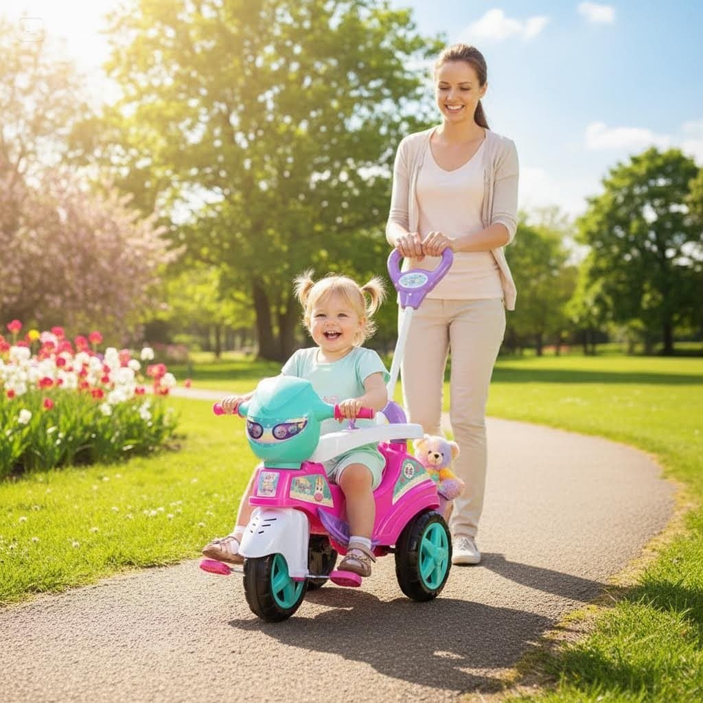 Triciclo Infantil Rosa Baby City Função Passeio Pedal Com Haste Guia Empurrador Seguro Porta Objetos