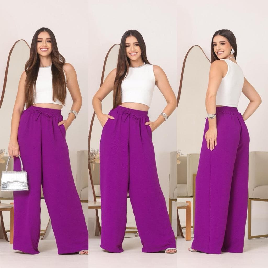 Calça Pantalona Feminina Elástico Na Cintura Com Bolso Cintura Alta Tecido Duna