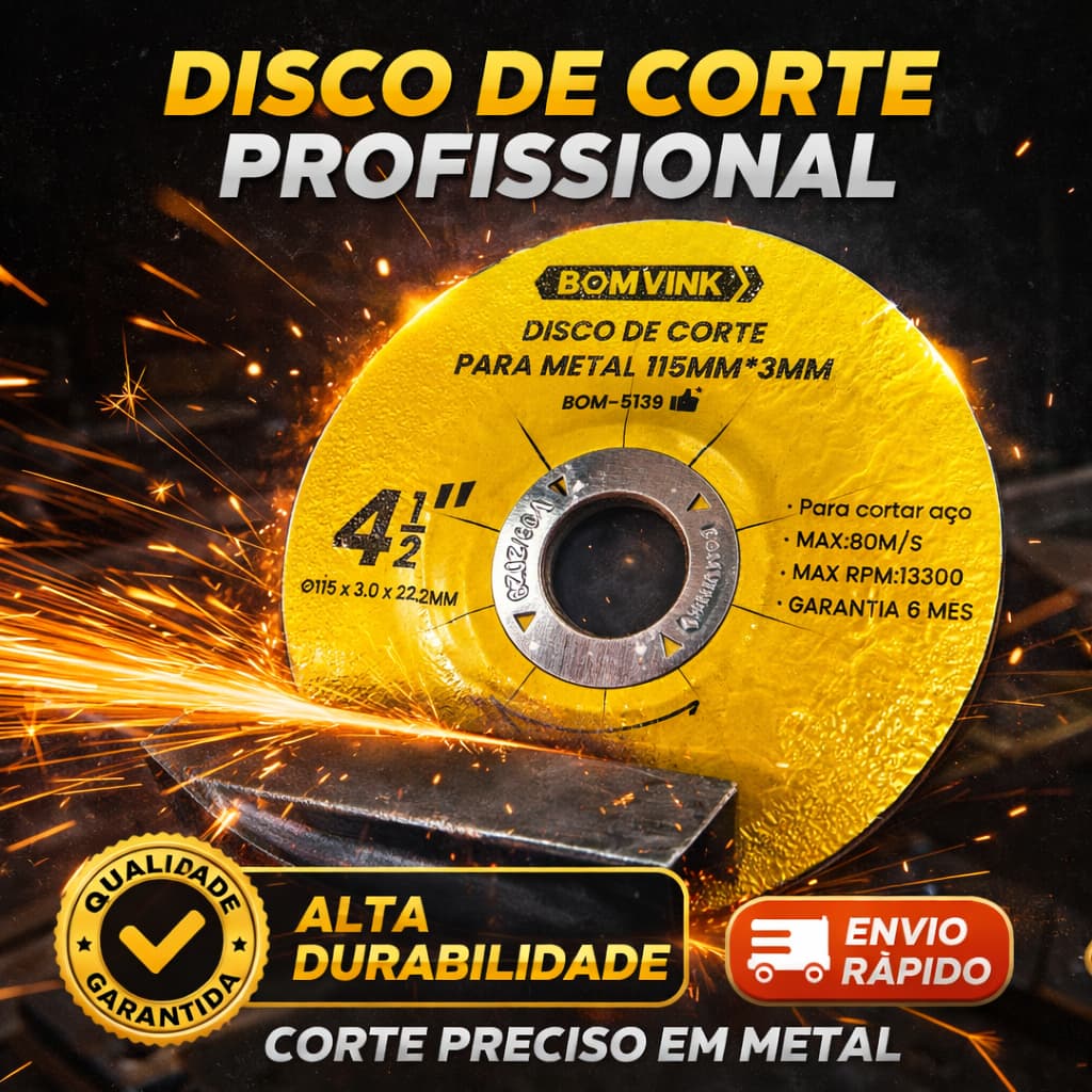 Disco de Corte para Metal 4.1/2" 115mm x 3mm Bomvink Alta Performance Aço Ferro Esmerilhadeira