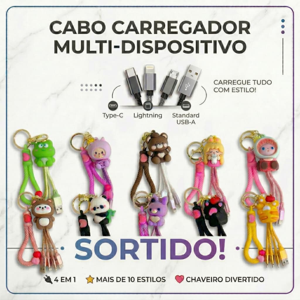 Chaveiro Cabo Para Fonte Universal Emergência 4 em 1 Sortido 4 Entradas: USB, Tipo-C, V8 e Iphone