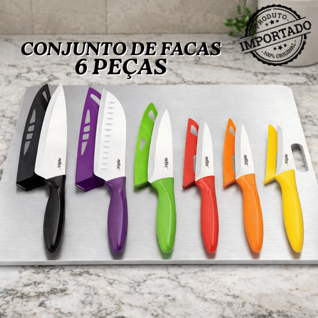 Kit 6 Peças Conjunto Premium Facas Cozinha Importadas Aço Inox Cabo Emborrachado Chef Carne Legumes