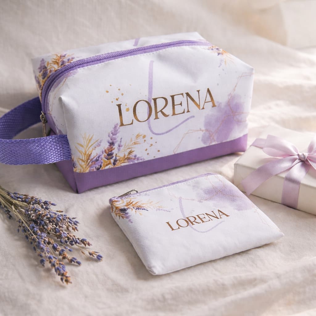 Kit Presente Feminino Necessaire Box + Porta moedas Floral Lilás l Personalizado Nome l Presente l Lavanda Elegante