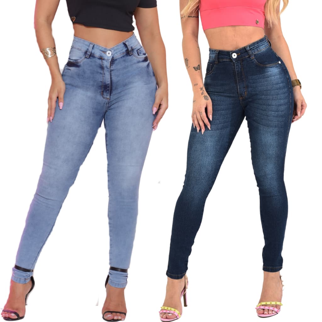 Kit 2 Calças Jeans Cós Alto Feminina Com Elastano Skinny Modelagem Levanta Bumbum