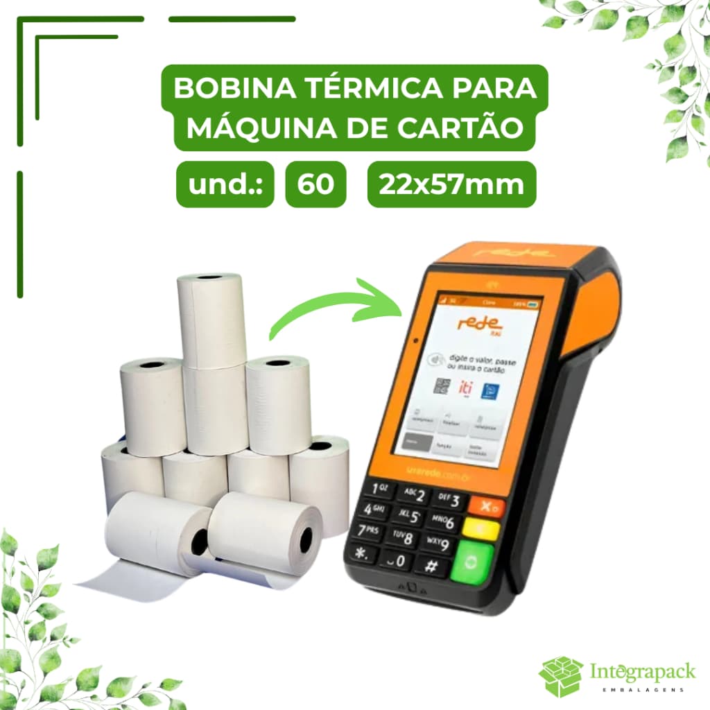 Bobina Térmica 22x57mm Branca 60 rolos Máquina Cartão Impressora Cupom Fiscal Cielo Stone Moderninha