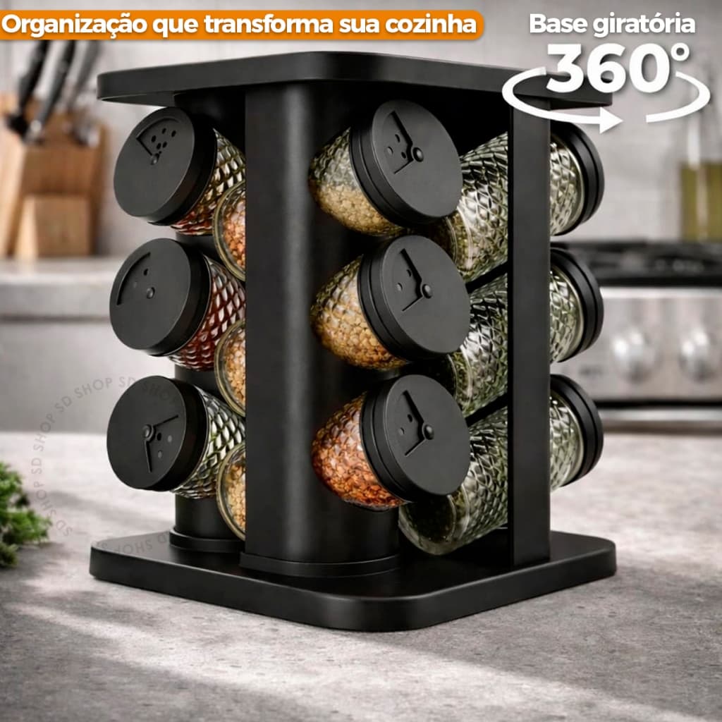 Porta Tempero Condimento Giratório 12 Potes de Vidro Tampa Dosadora Organizador Suporte Cozinha