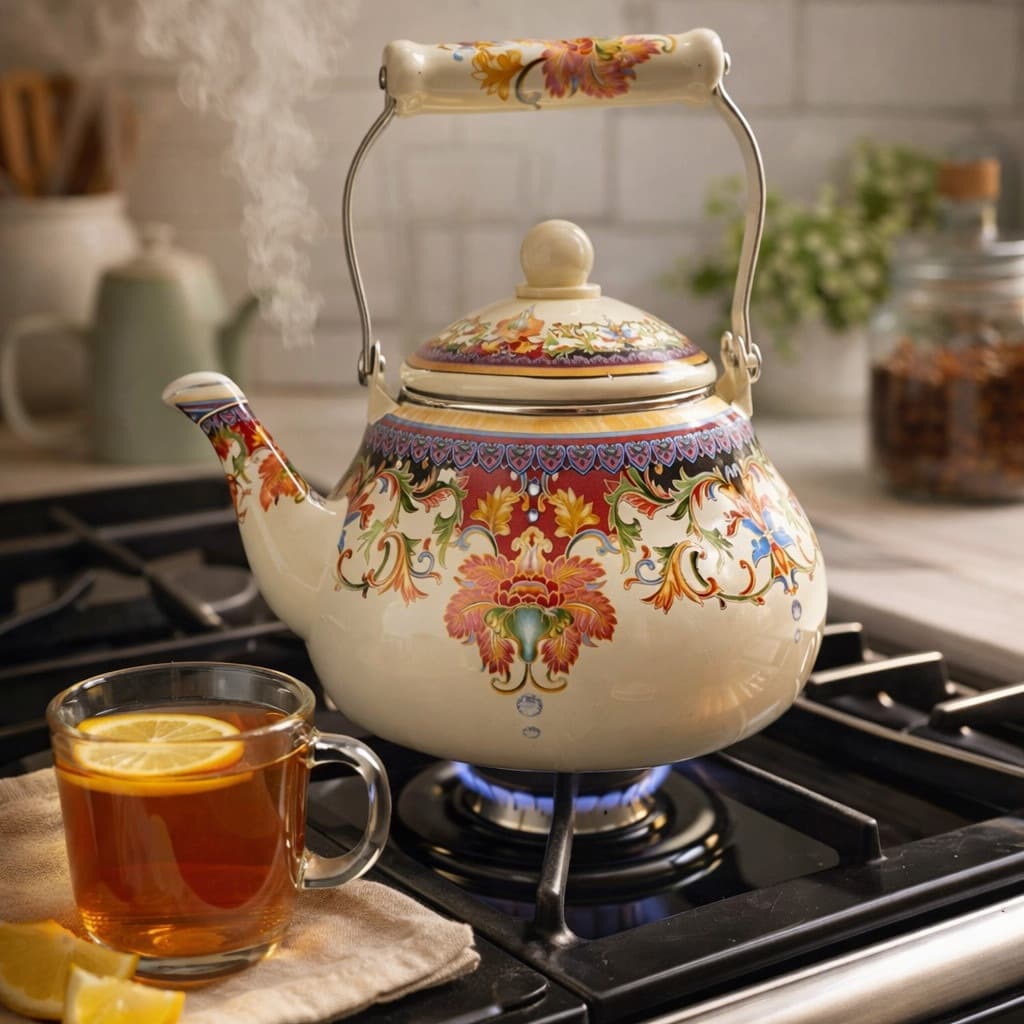 Chaleira Esmaltada Bege Clássica Estampada 2,5L Cerâmica, Estilo Vintage Clássica Indução Fogão à Gás Café Chá