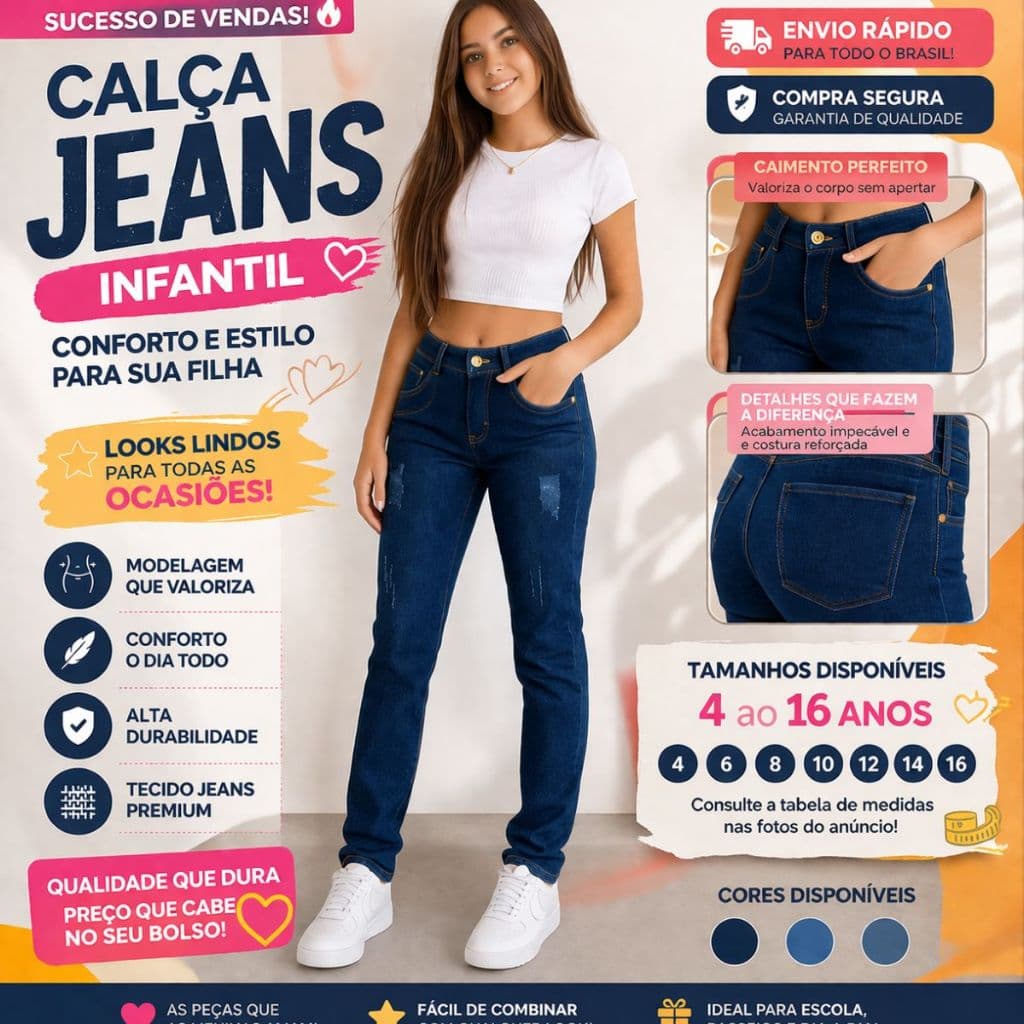 Calça Menina Infantil Jeans Juvenil  Skinny Lycra 4 até 16 Anos Escolha Perfeita