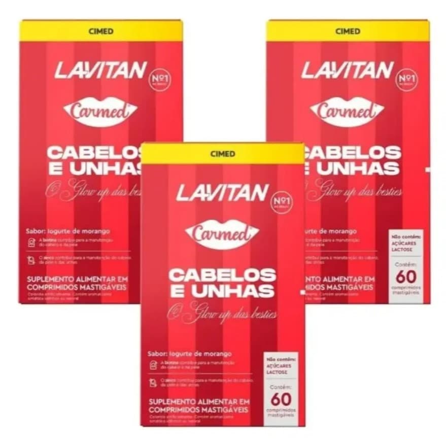 Kit 3 Caixas Lavitan Carmed Cabelos/unhas C/60 Cprs Mastigaveis Iogurte Com Morango