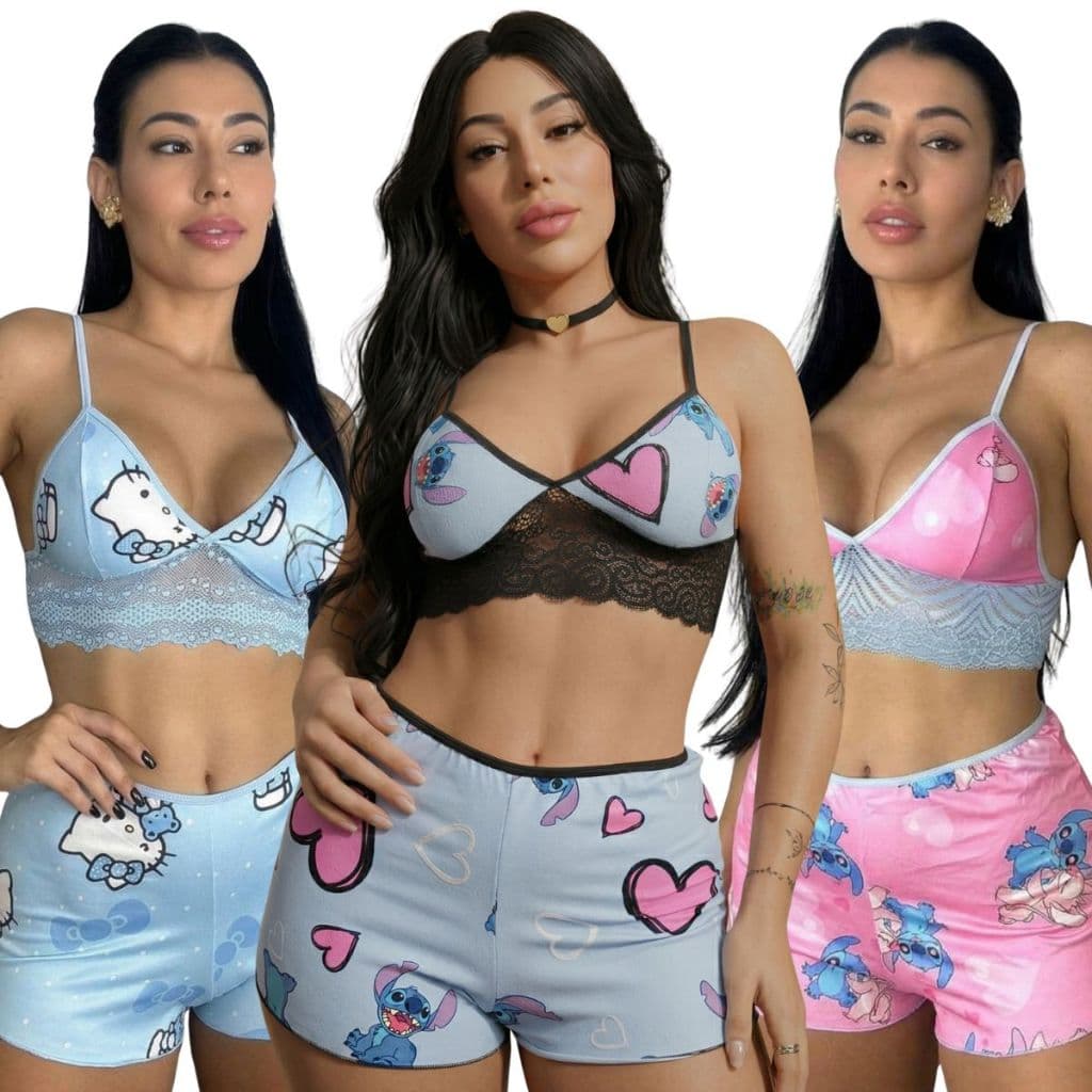 Kit 3 Conjuntos Baby Doll Estampado Pijama Feminino Short Cropped Confortável Verão Dormir