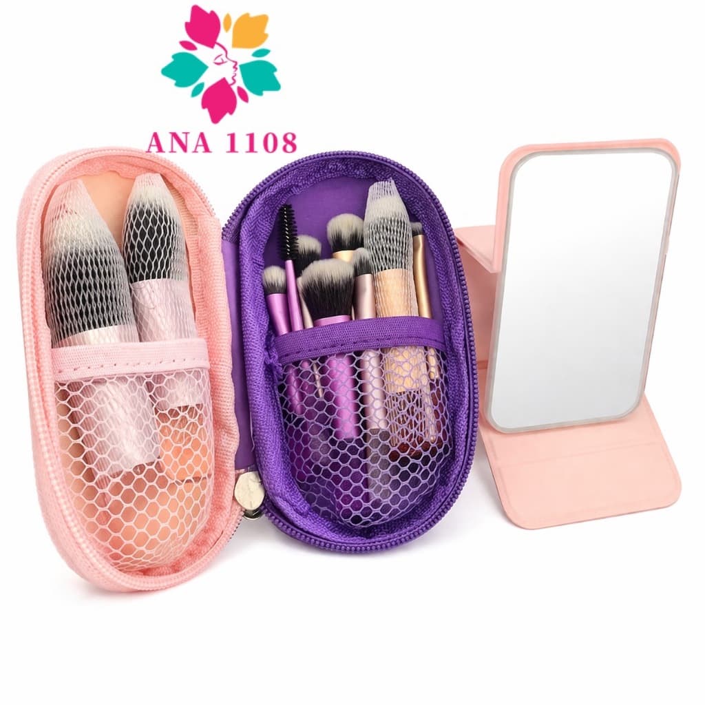 ANA 1108 Kit Mini Maquiagem 10 Pincéis + Espelho Dobrável Portátil Profissional (Cor Aleatória) Portátil