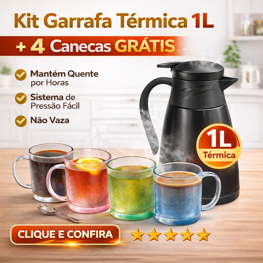 Kit Garrafa Térmica 1L Pressão Café Quente Frio + 4 Canecas Vidro Cozinha Escritório