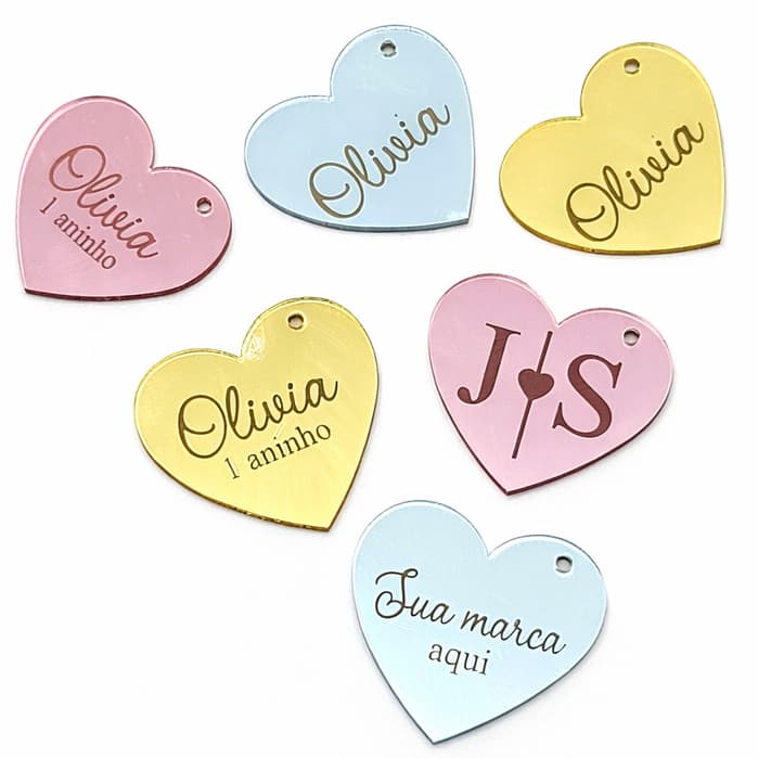 Tag Personalizada em Acrílico Espelhado Coração Casamento Lembrancinha 3x3 com Logo Furo e Sem Furo