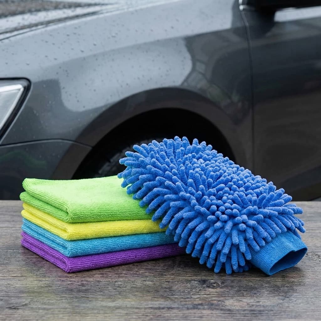 Kit de Lavar Carro Luva + 5 Panos Microfibra Limpeza Automotiva Moto Vidro Flanela Multiuso