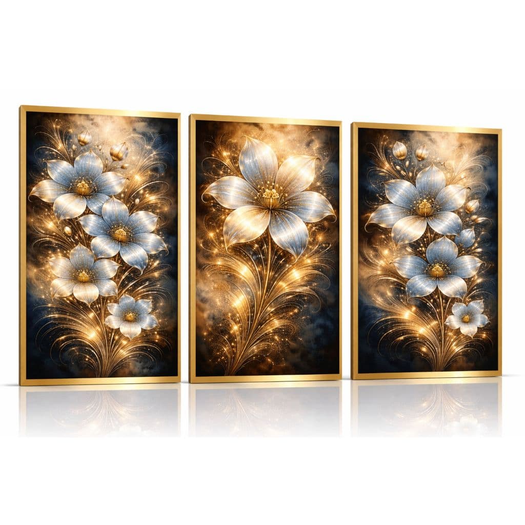 Kit Painel Decoração Luxo Flores Douradas Azul Luz Abstrata