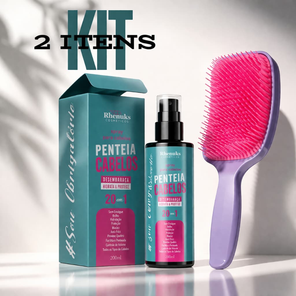 Kit Spray Penteia Cabelos 200ml Rhenuks + 1 Escova Raquete De Desembaraçar Cabelos