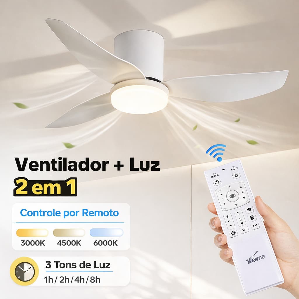 Ventilador de Teto com Luz LED 3 Tons Controle Remoto 6 Velocidades Bivolt Silencioso