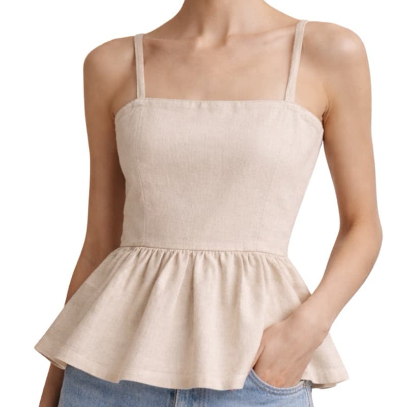 Blusa feminina linho elegante cintura marcada peplum alça fina look casual chic