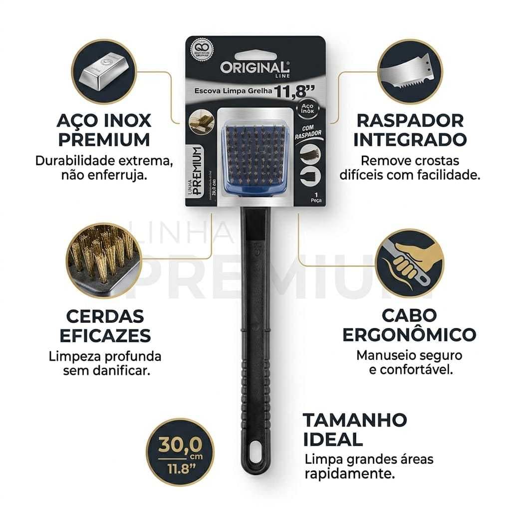 Escova Limpa Grelha com Raspador Aço Inox Escova para Churrasqueira Limpeza Pesada Grill