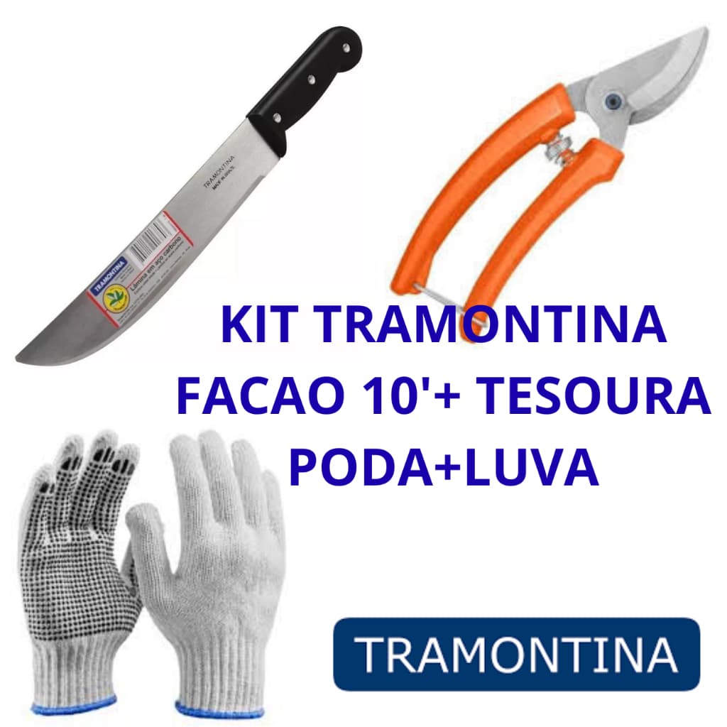 Conjunto de Jardinagem Tramontina Facão 10" Tesoura de podar Luvas Pigmentada Kit Jardim