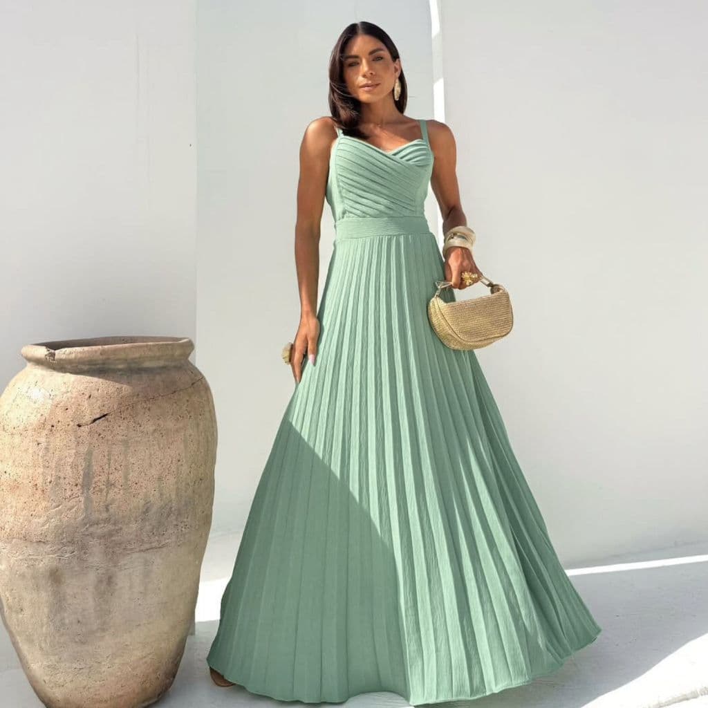 Vestido Longo Plissado de Alça Elegante Verão Tendência Femenino Resort/ Festa/ Slim
