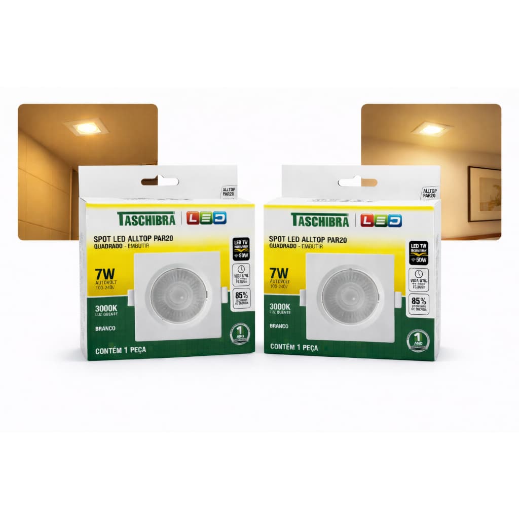 KIT LUMINARIA LED DE EMBUTIR PAR20 QUADRADO 7W LUZ AMARELA SPOT BRANCO TASCHIBRA 2 UNIDADE