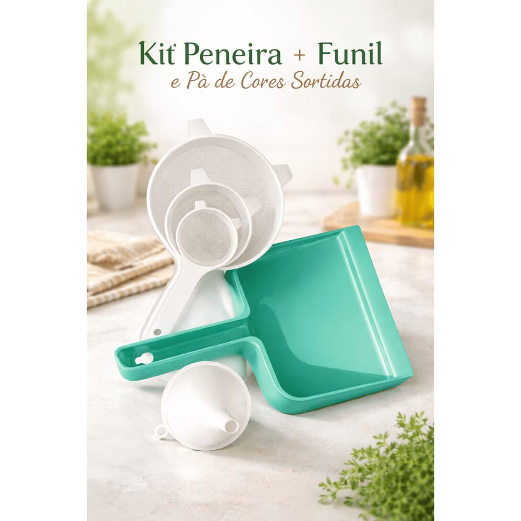 Kit Peneiras de Plástico Branca 3 peças - Pequena, Média e Grande + Funil e Pá Sortida