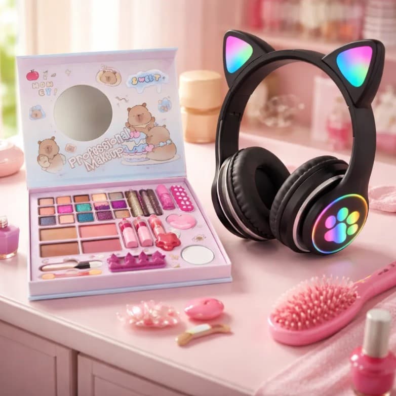 Kit Maquiagem Infantil Capivara + Fone Gatinho Bluetooth Preto com Led