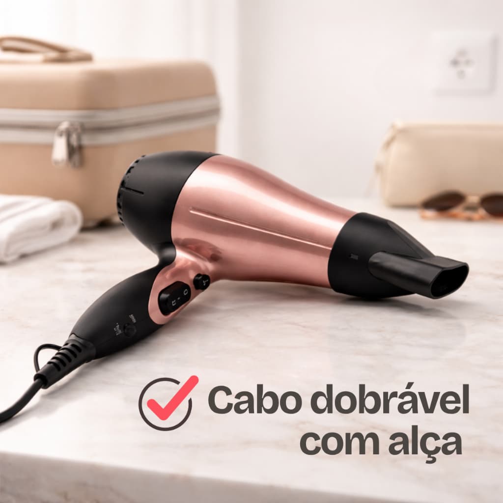 Secador de Cabelo Portátil 1200W Bivolt com Cabo Dobrável e Bocal Concentrador