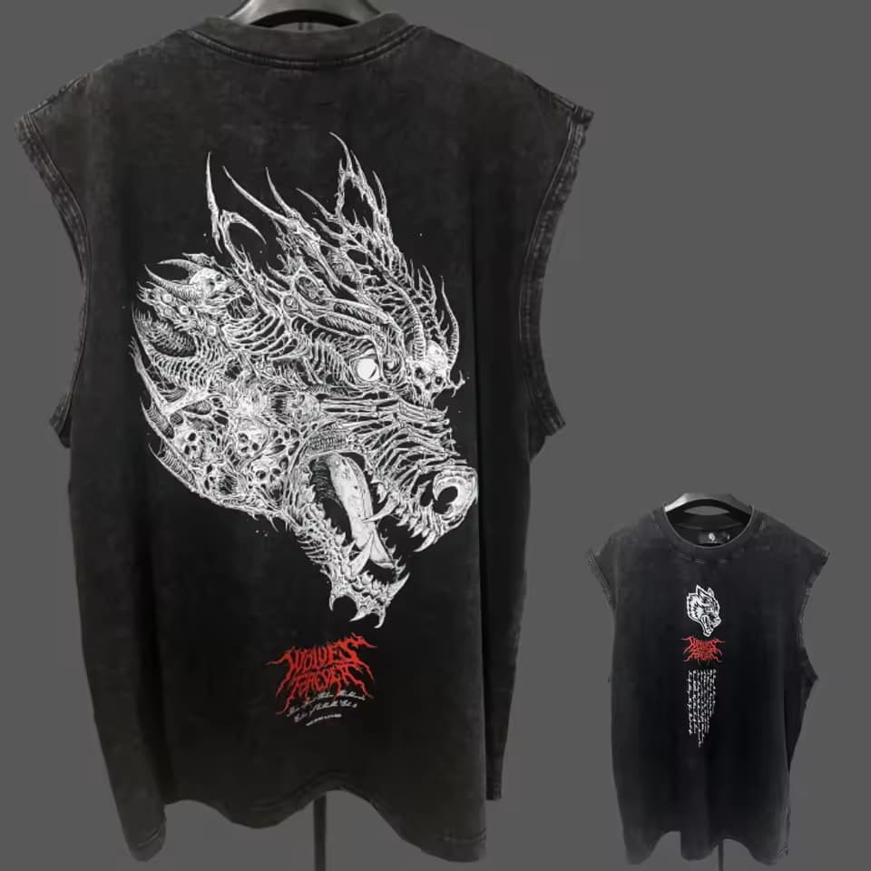 Camiseta Regata ESTONADA Lavada Wolves Forever Skull Gym Gotico Punk Academia Fitness Unissex