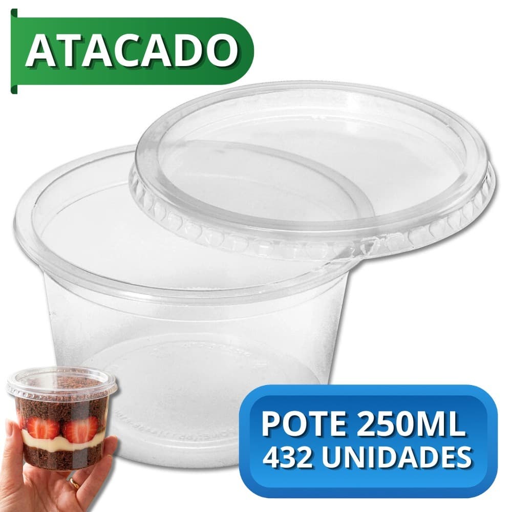 Kit Potes para Bolo Redondo 250ml Potinho Atacado 432un Freezer e Microondas Descartavel com Tampa