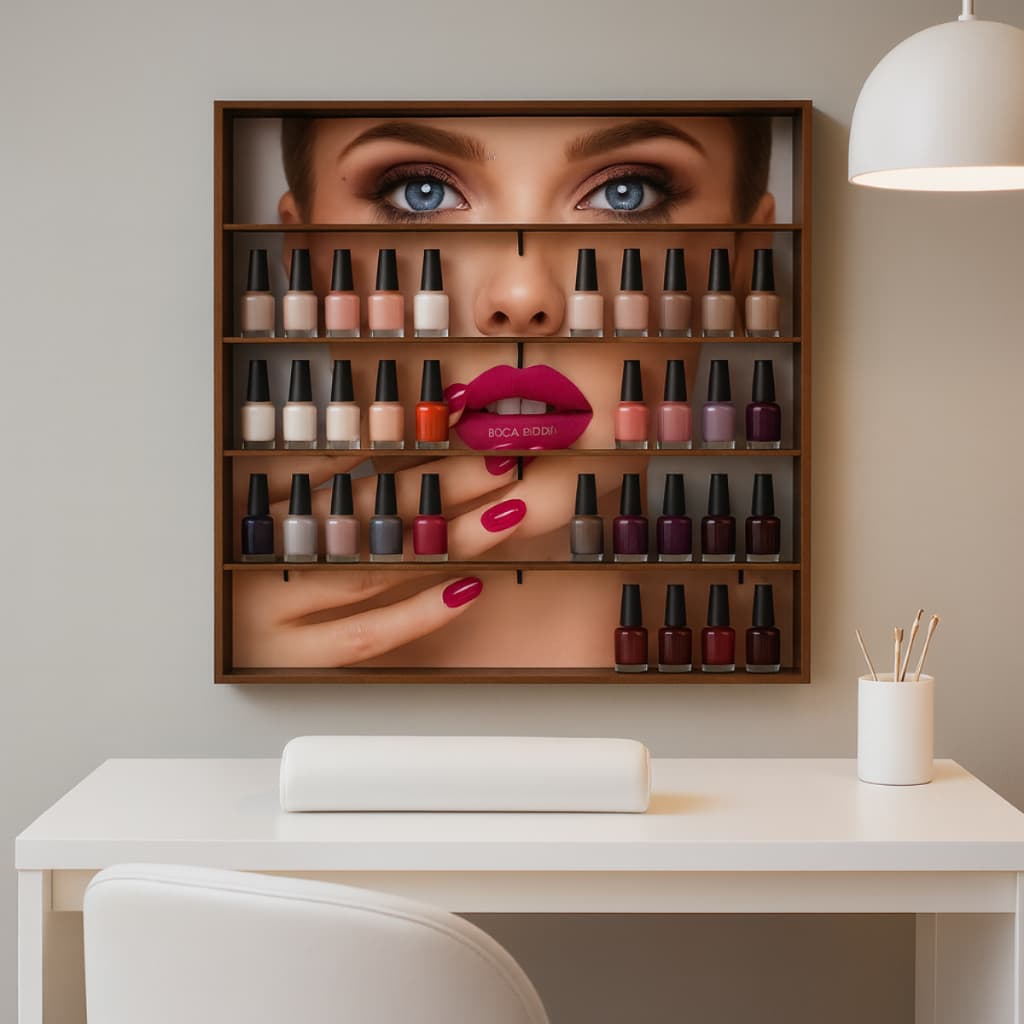 Expositor Porta Esmaltes Com Fundo Decorativo Manicure Salão