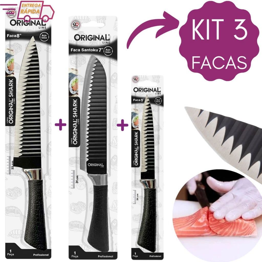 Kit 3 Facas Super Afiada Shark Profissional Chef Peixe Carne Legumes Cozinha 5" 7" e 8"