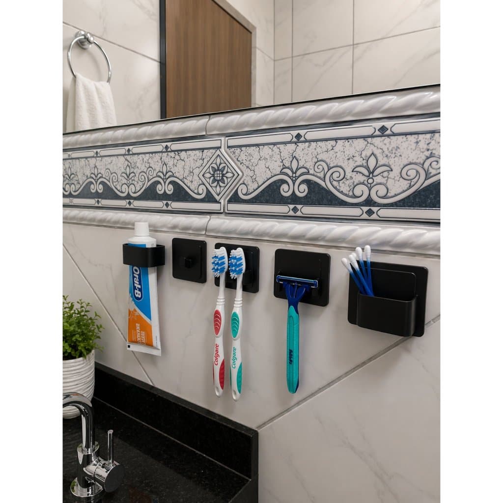 Suporte Organizador de Parede para Banheiro com Porta Escova, Pasta, Cotonete, Toalha e Barbeador