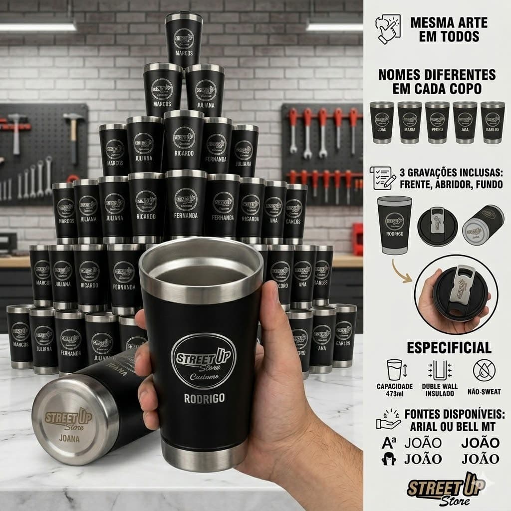 Kit 75 Copos Térmicos 473ml Personalizados – Com Tampa e Abridor Inox – Atacado Corporativo StreetUp