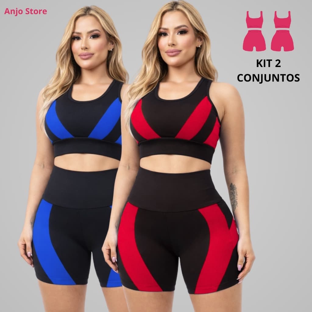 Kit 2 Conjuntos de Academia Feminina  Fitness – Top Nadador + Short Cintura Alta e Alta Compressão