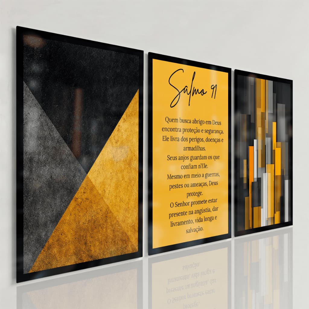 Quadros Decorativos Religioso Salmo 91 Preto Dourado Abstrato Moderno Elegante Sala