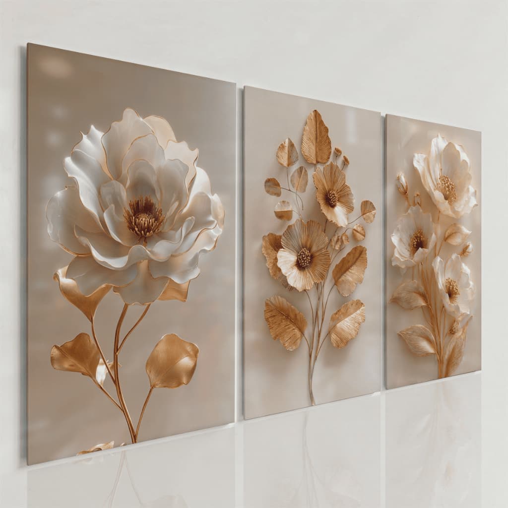 Quadros Decorativos Flores Douradas Fundo Bege Luxo Botânico Elegante Sala Moderna