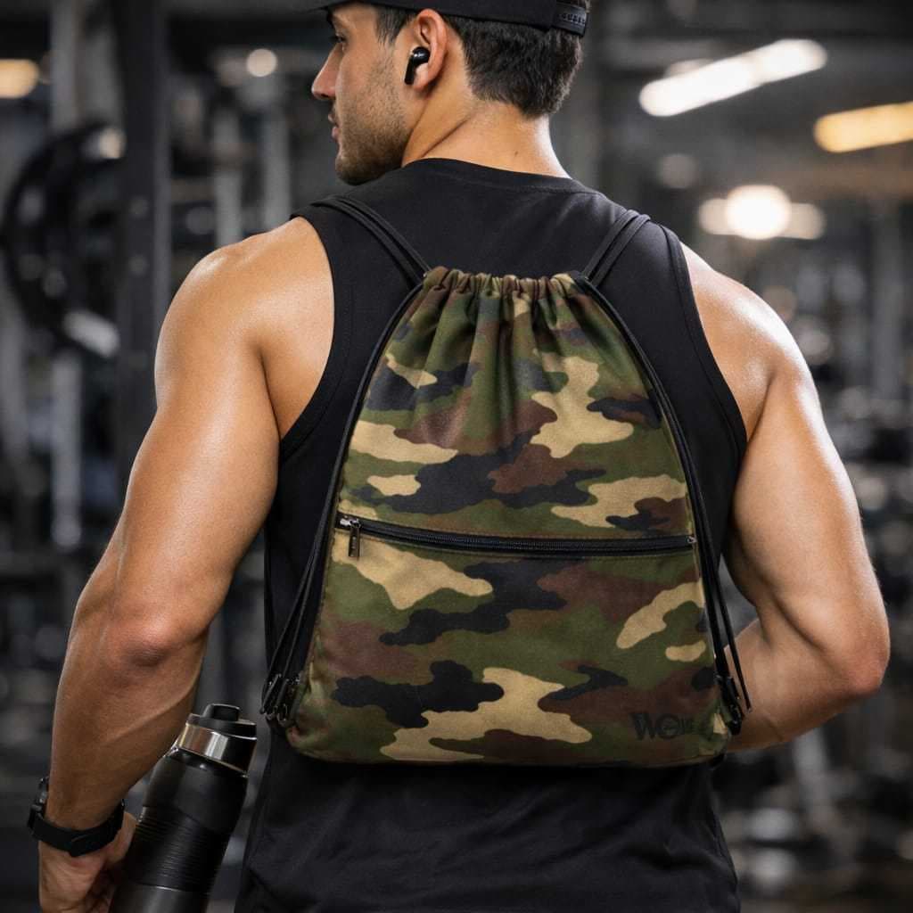 mochila saco esportiva preta e camuflada verde para academia e ciclismo